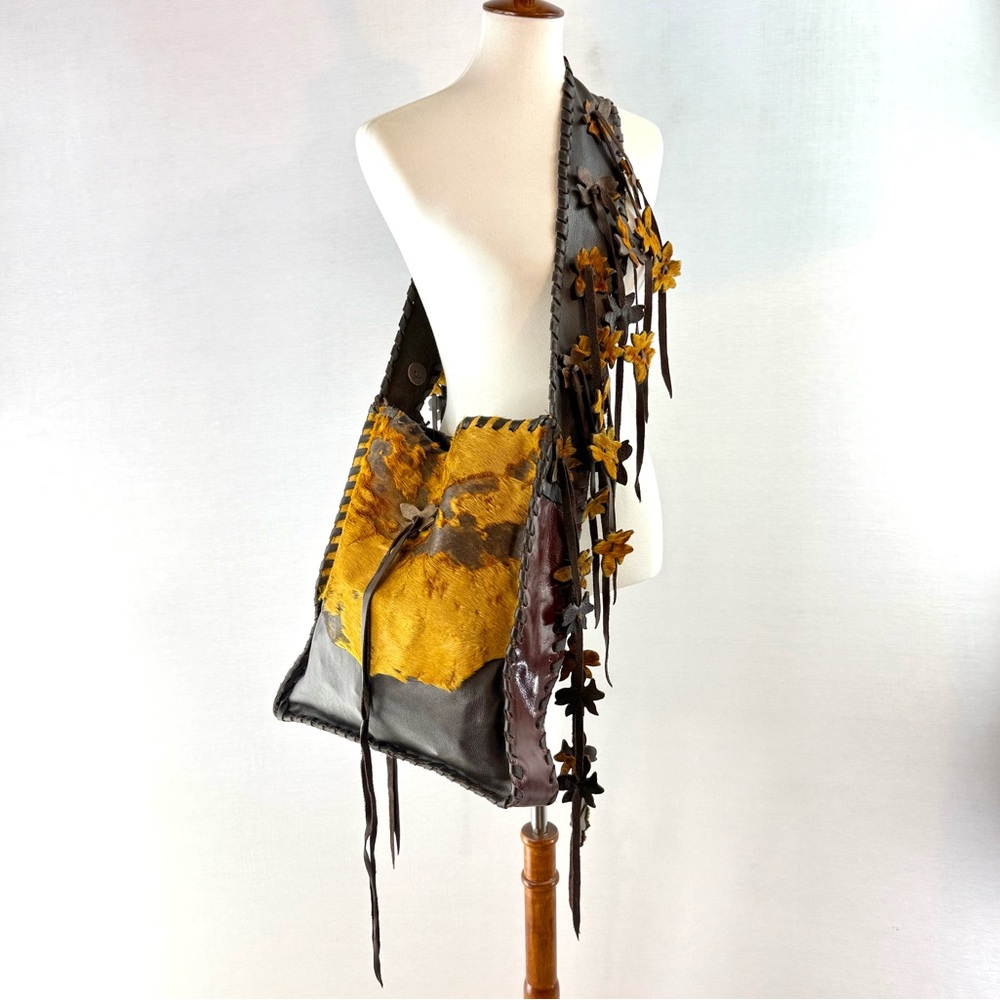 OOAK Artisan Handmade Leather Boho Bag Flower Fringe Strap